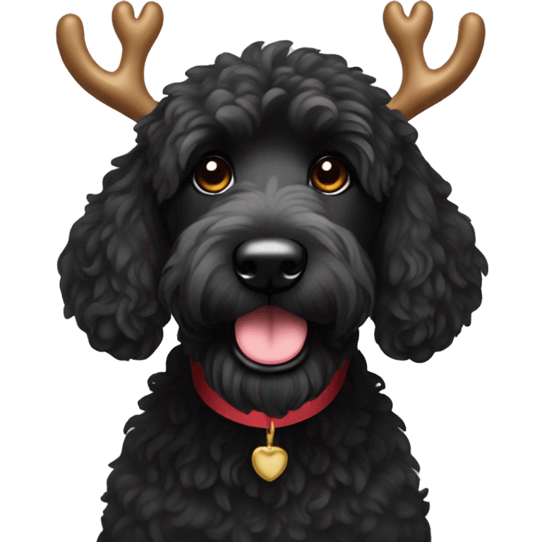 Black goldendoodle with reindeer horns emoji