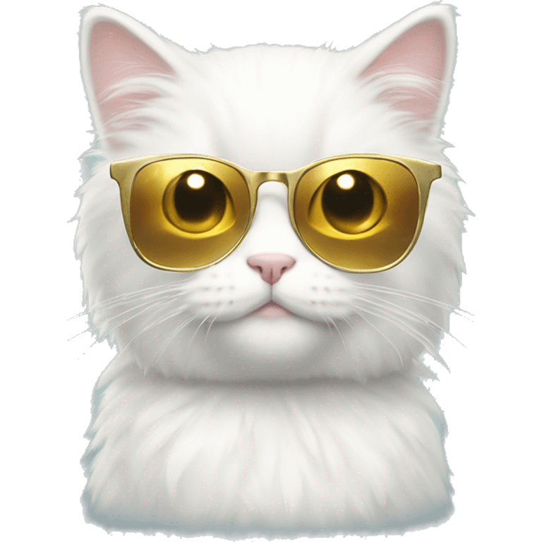 fluffy cute white cat with golden glasers reading emoji