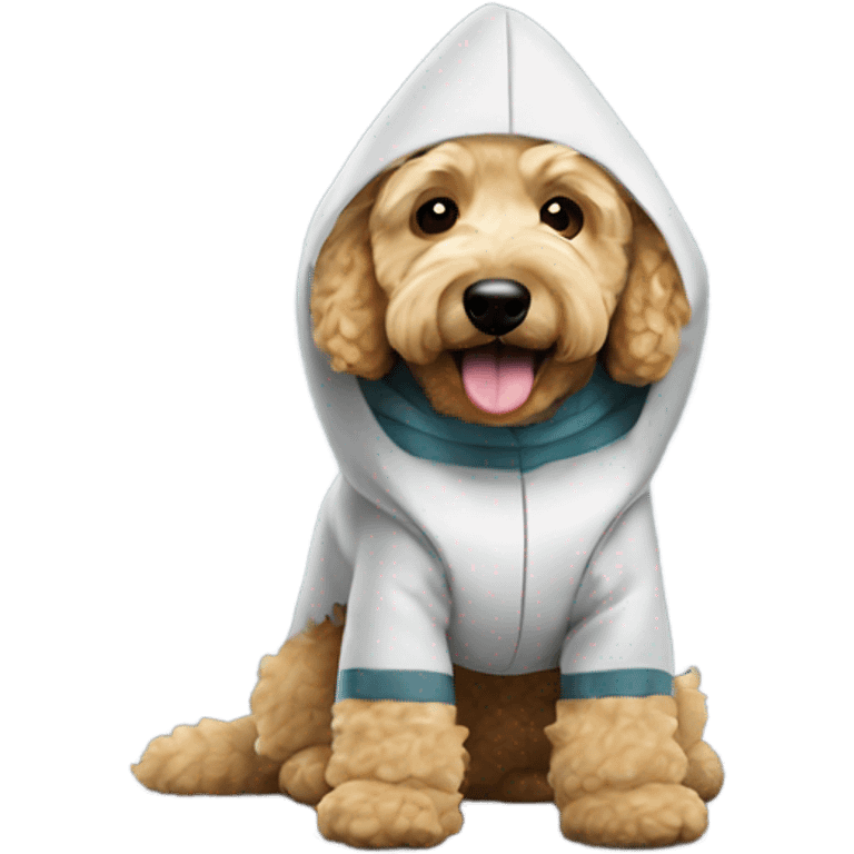 Mini golden doodle in shark costume emoji