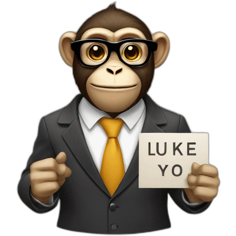 monkey professor with glasses and beard and mustache and suit holding a sign with like emoji