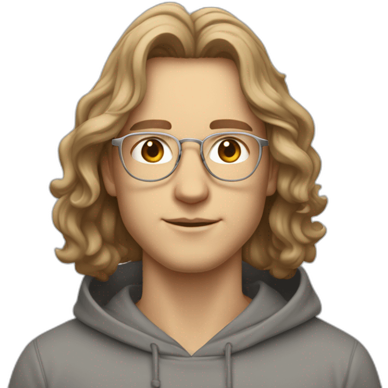 young white guy with medium long wavy hair and a fade in light brown color and rounded silver glasses with a grey hoodie on emoji