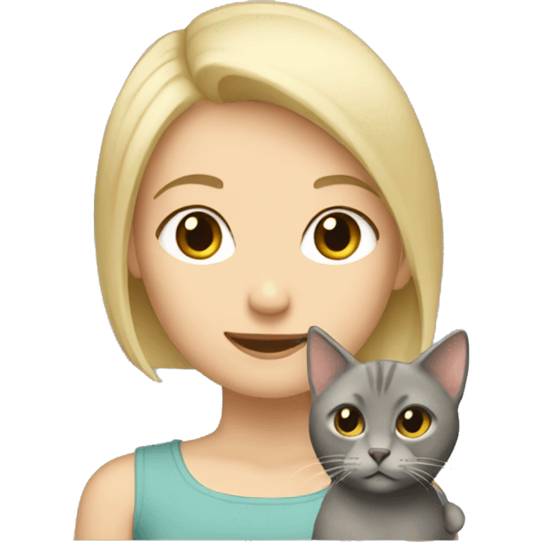 Short haired blonde girl holding a grey cat emoji