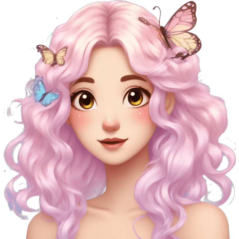 gorgeous anime pastel lady with butterflies and beautiful hair fairycore cottagecore emoji