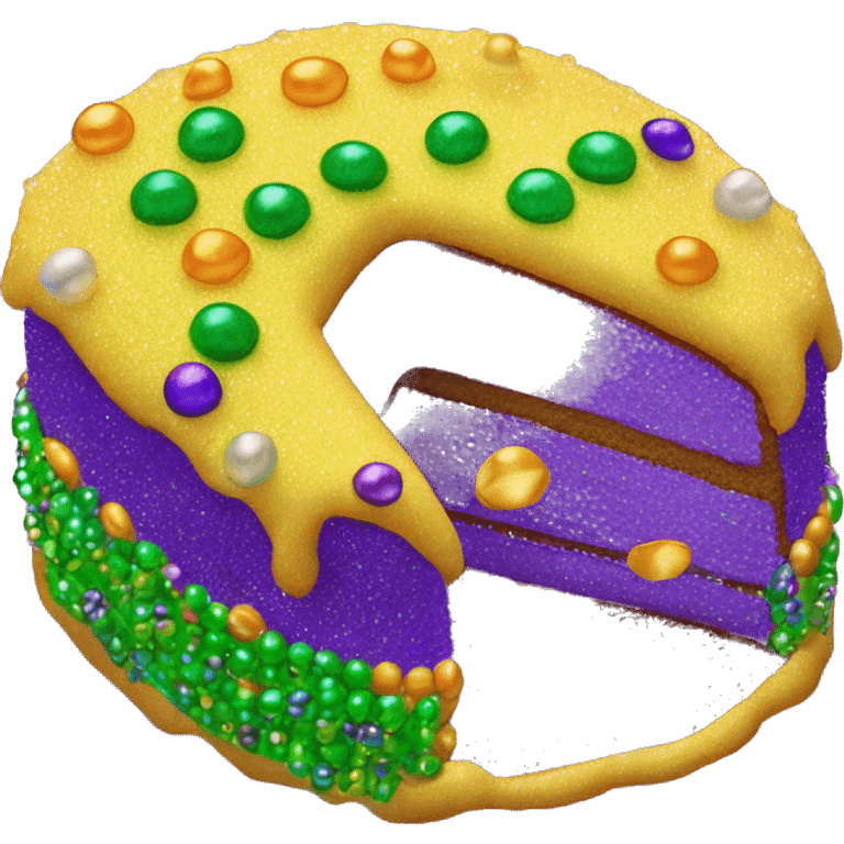 Realistic glitter icing king cake isolated with Mardi Gras beads layer across the top of the cake.  emoji