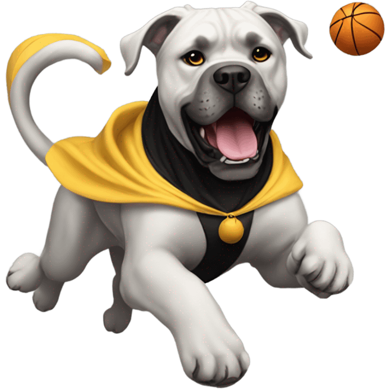  A white Cane Corso flying with a basketball wearing a black and gold cape. emoji