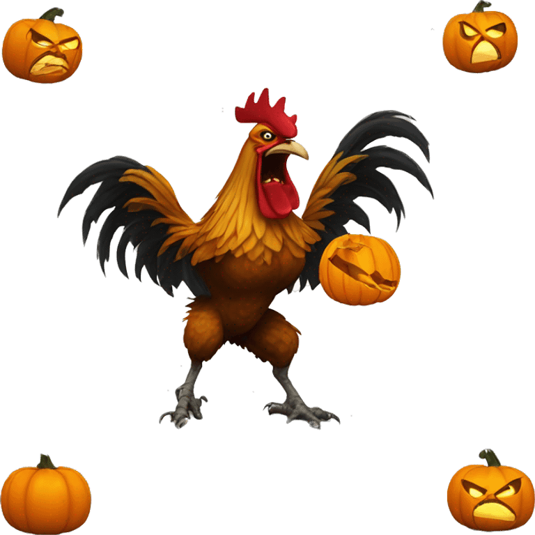 Enraged rooster zombie attacking a pumpkin. emoji