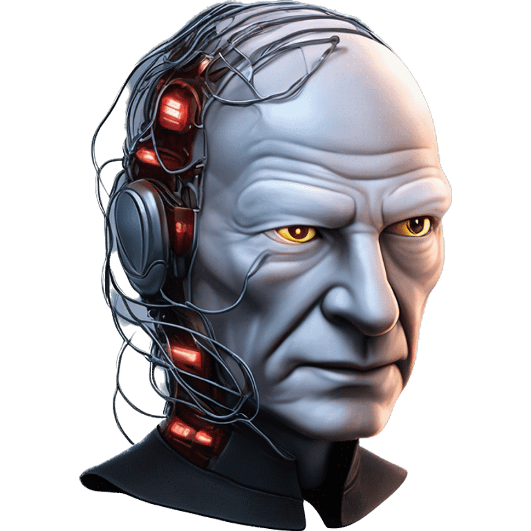 Jean luc picard from Star Trek assimilated by the Borg, with mechanical metal covering the left side of his face, with wires and a red light on the left side. His eyes are blue emoji