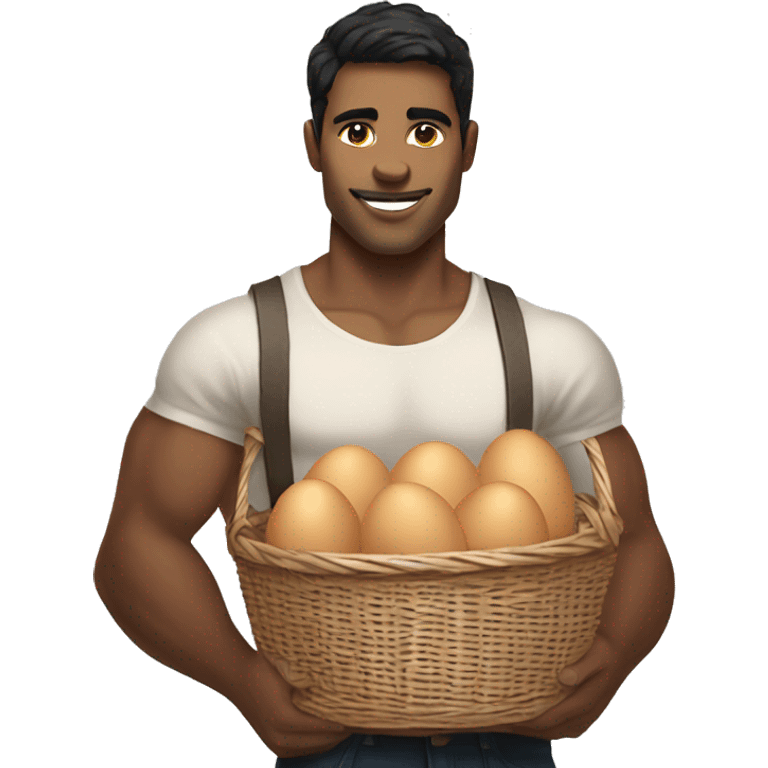 Buff white young man with dark hair holding one basket with a ton of eggs emoji