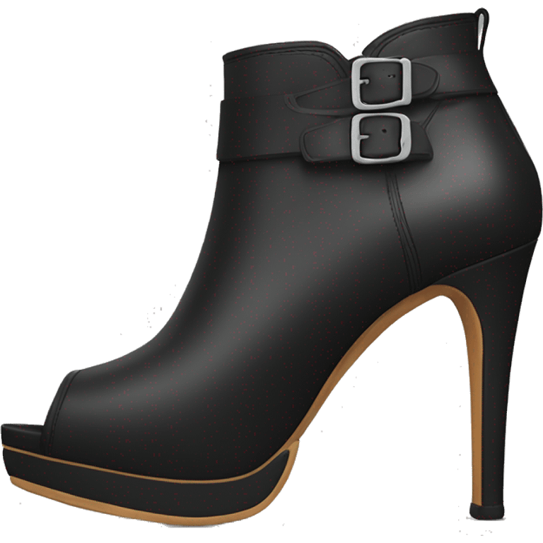 Realistic pair of black peep toe leather high heel bootie boots facing forward.  emoji