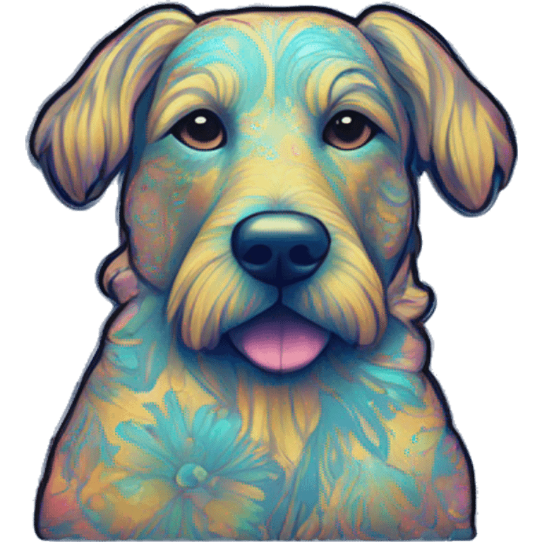 retro groovy hippie trippy floral patterns on a metallic holographic iridescent blue dog emoji