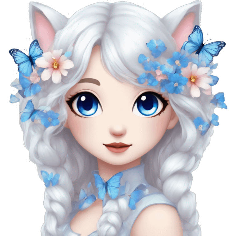 Edgy Cute Cool Kawaii gorgeous sparkly ethereal white fantasy animal with blue eyes sona with flowers and butterflies beautiful aesthetic emoji