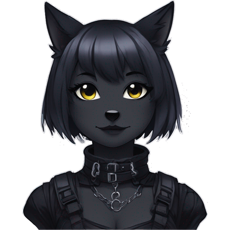 Gorgeous gothic dark techwear anime style anthro black cat furry with blushing face aesthetic and pretty edgy black with collar and harness trending style emoji