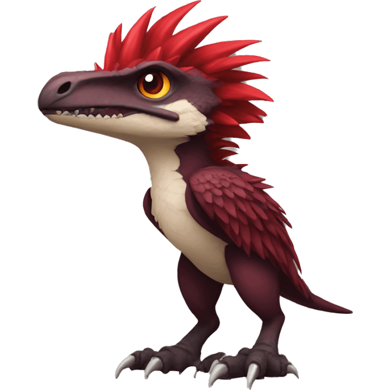 Cool edgy Maroon-colored raptor with bright-red spiky mane full body emoji