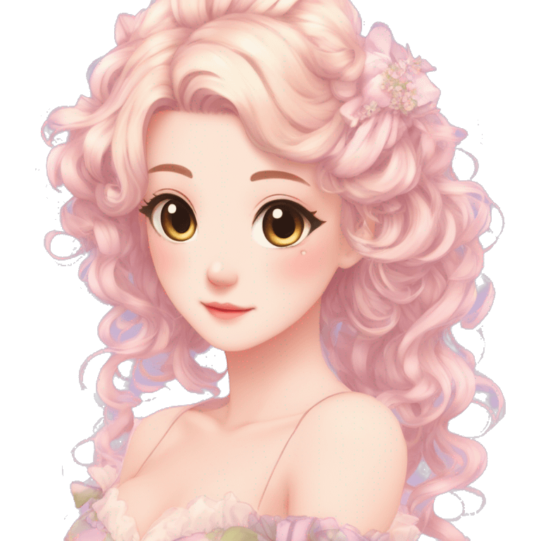 gorgeous pretty attractive anime lady beautiful hair with gorgeous dress fairycore cottagecore pastelcore detailed high quality trending VOGUE aesthetic head and bust emoji