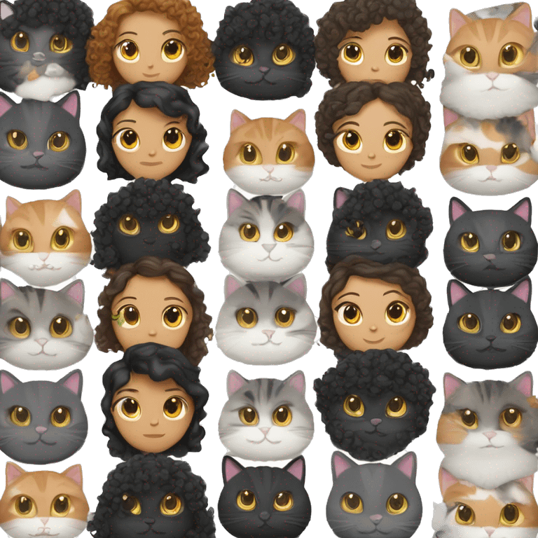 Curly haired Mexican woman with a black cat, calico cat and grey cat cuddle in bed  emoji