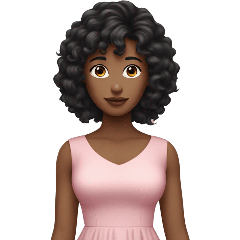 White woman with long black curly hair and bangs and dark brown eyes, wearing a pastel pink dress emoji