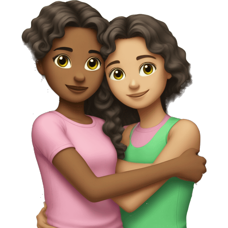 A girl with short dark hair and brown eyes in a pink top hugs her younger sister, who has long curly hair and green eyes emoji