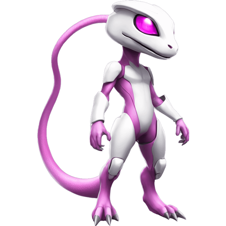 White Anthro-Lizard-Reptile-Raptor-Alien-Genesect-Mewtwo-Fakémon, with pink eyes, with a futuristic visor-helmet, wearing a techwear-suit, Full Body emoji