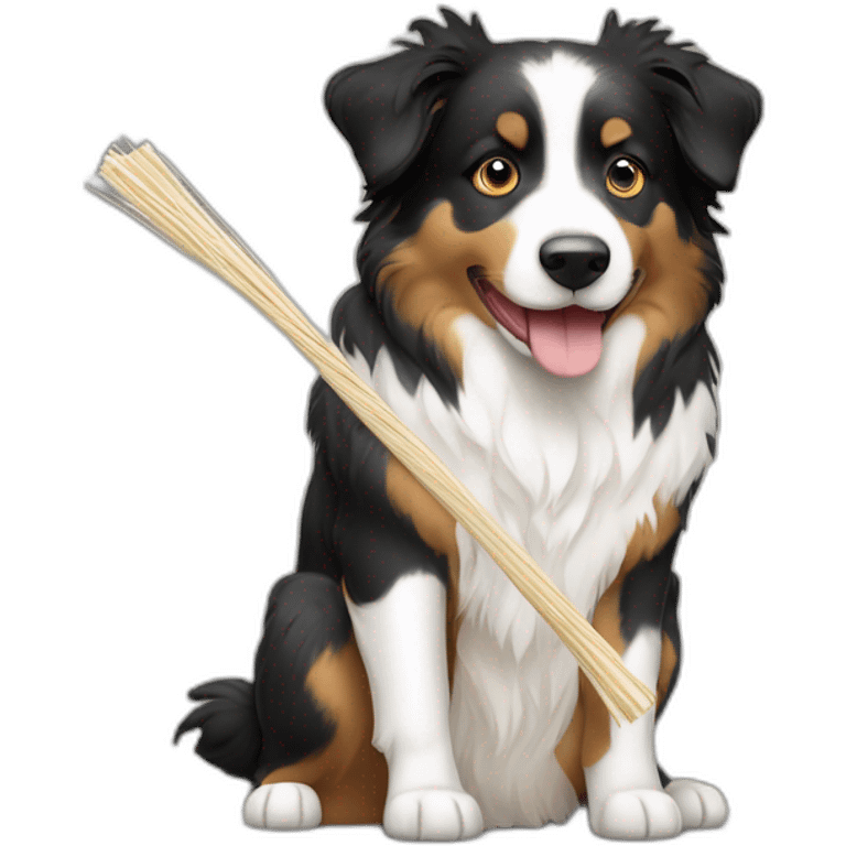 Black and white tricolor Australian shepherd holding a stick of string cheese emoji