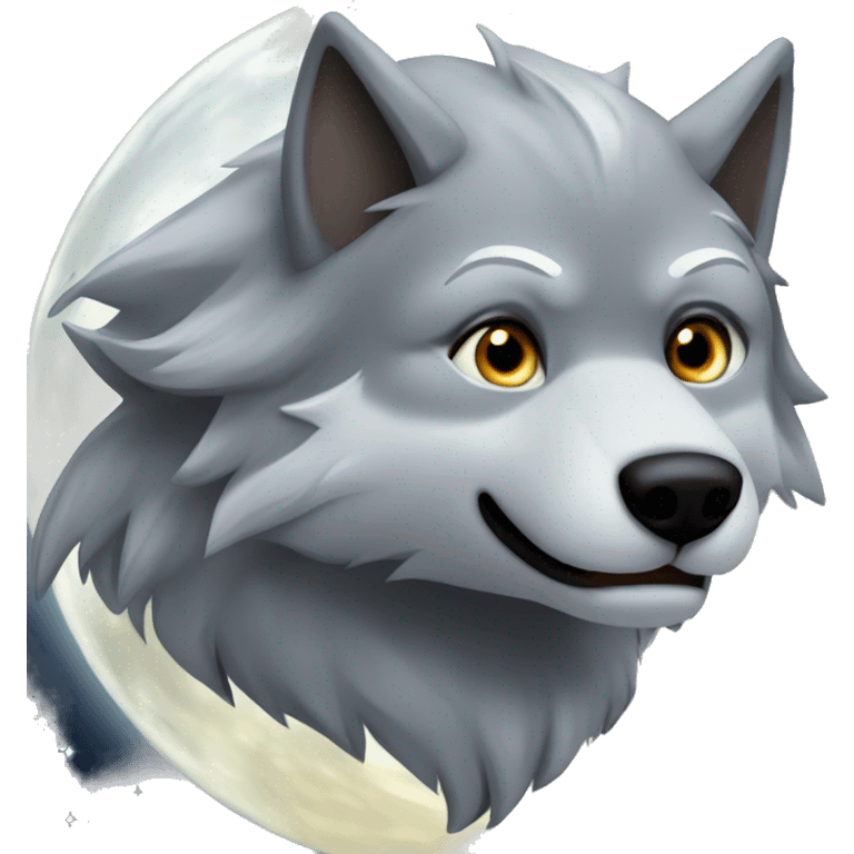 Silver wolf with whings in front of the moon howling, he has dark brown eyes emoji