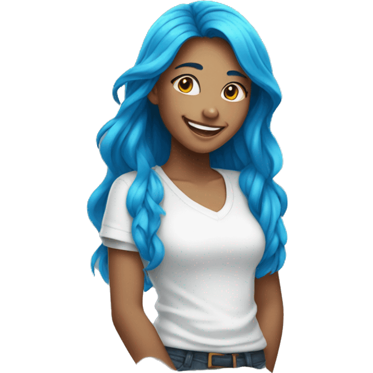 A girl with long blue hair and a white shirt smiles emoji