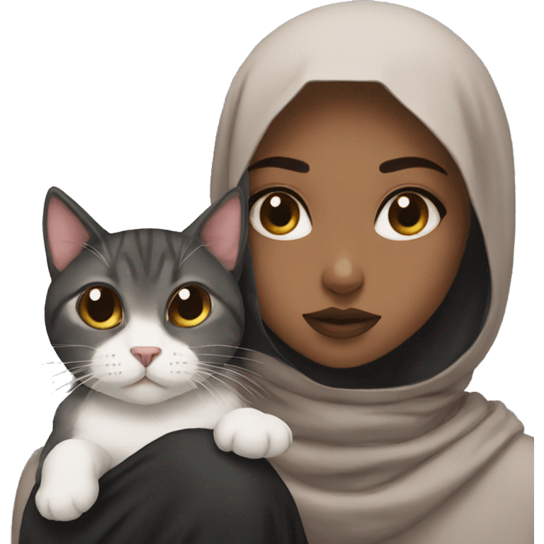 Black hijab girl with a brow hijab sad and her cat emoji