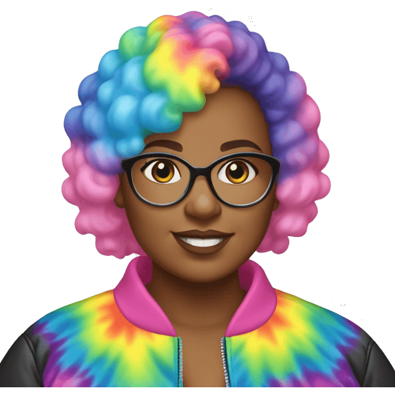 Plus size black woman with pink curly pixie cut hair and a rainbow tie dye bubble jacket  emoji