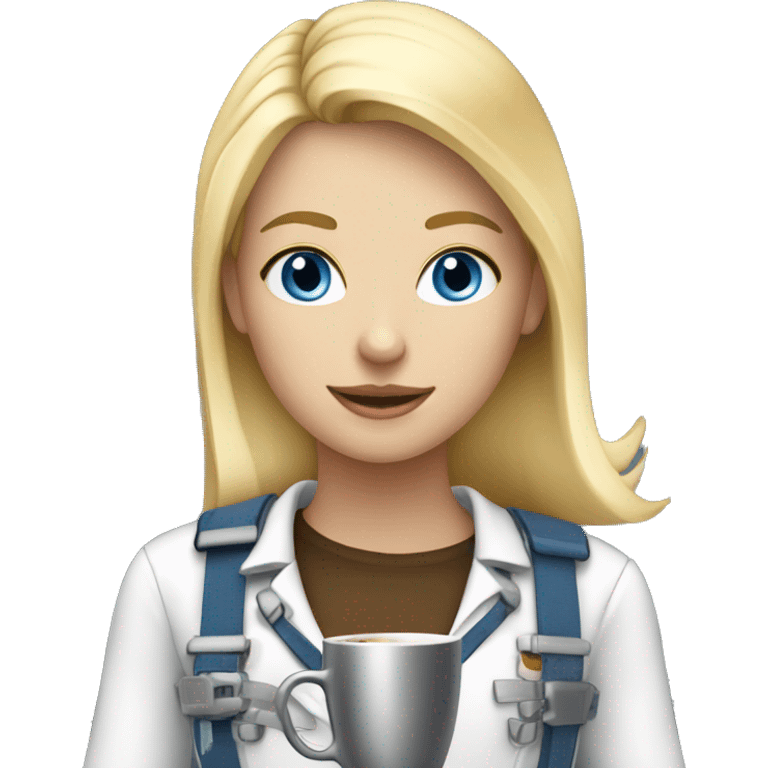 Blond girl with blue eyes  drinking coffee wearing a harness and steel toe boots emoji