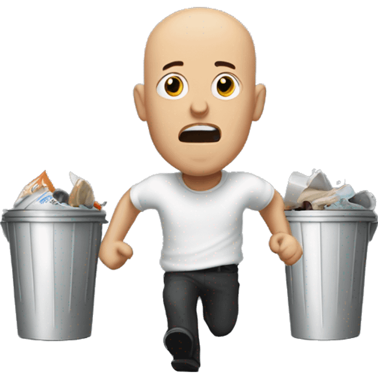 Bald man being chased by sentient trash cans emoji