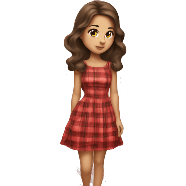 Pretty peach skin brunette woman with long flowing hair and red rosy cheeks in red plaid babydoll dress emoji