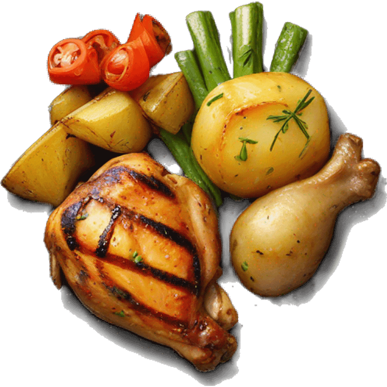 Grilled chicken, with cooked potatoes and grilled vegetables on a plate emoji