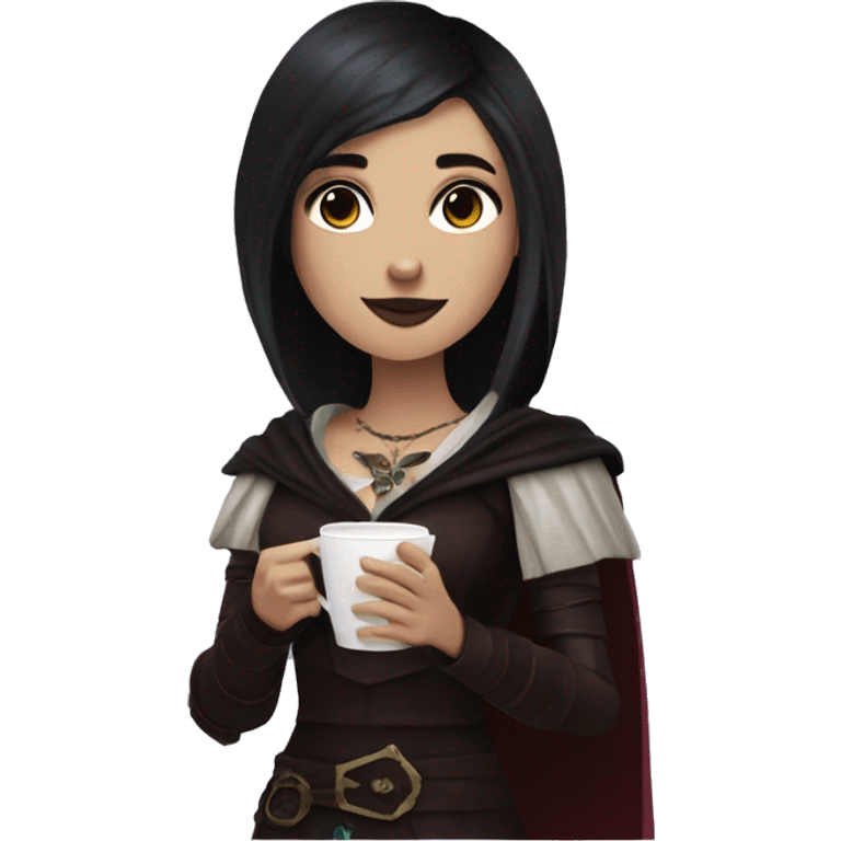 Morrigan from Dragon Age holding a cup of coffee emoji