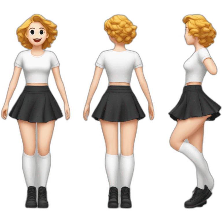 alistic-full-body-caucasian-curvy-beauty-jumping-short black-skirt-back-and-front-views-strong-wind-knickers-long-white-socks emoji