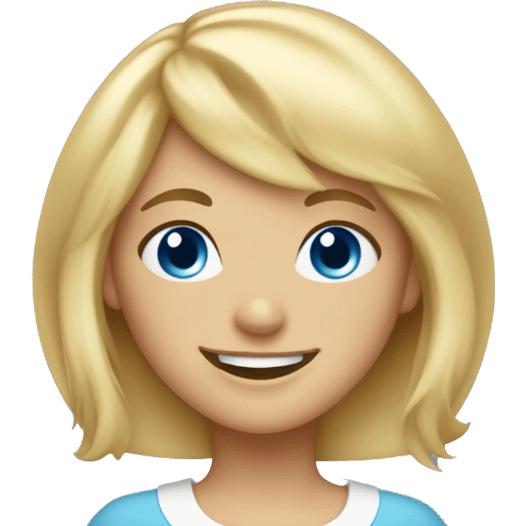 blonde girl with bangs, blue eyes and a bright smile emoji