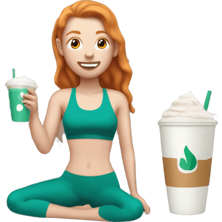 Ginger girl in teal sports bra and leggings drinking iced latte emoji