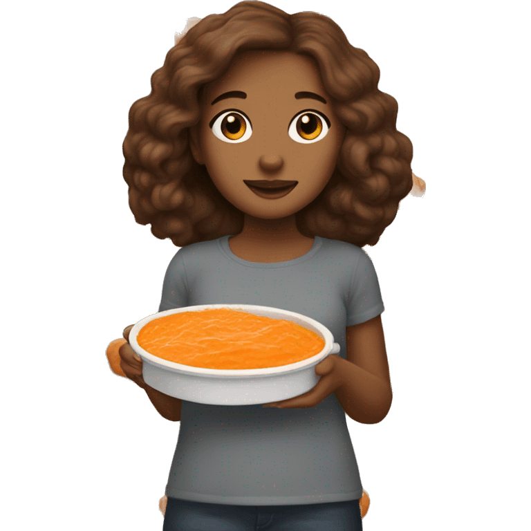 little girl with brown hair holding buffalo chicken dip emoji