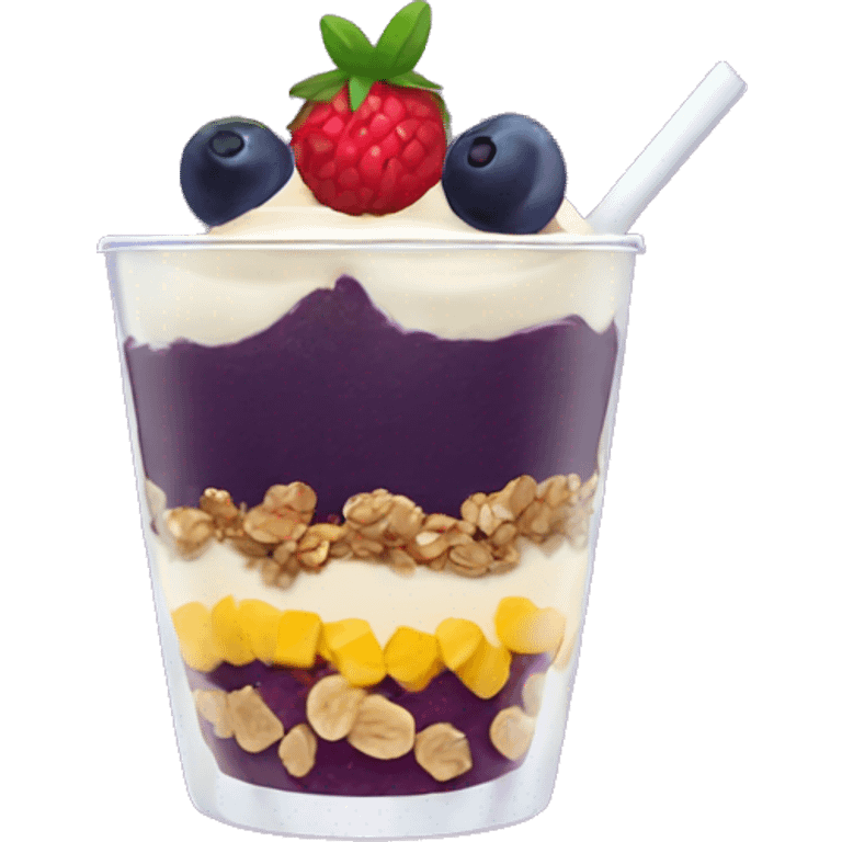 Açaí in a clear cup with layers of fruits and granola and condensed milk emoji