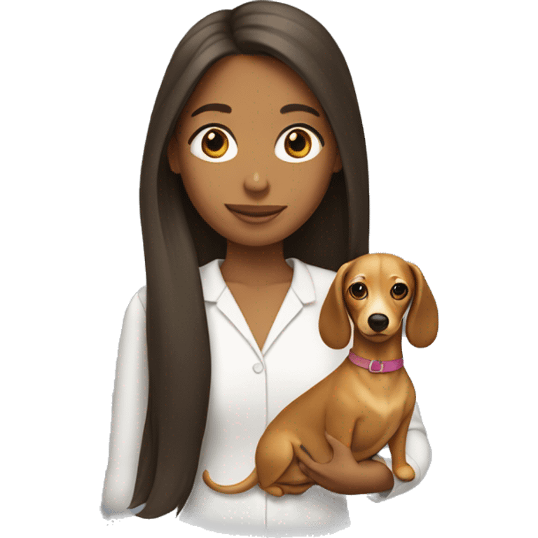 girl with long brunette hair holding a blonde wiener dog emoji