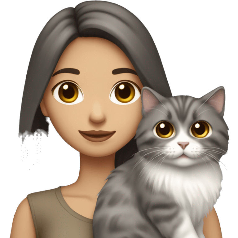 Dark brown straight hair girl holding fluffy Siberian gray cat  emoji