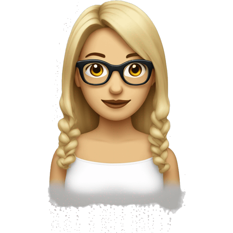 Mujer blanca con gafas, gafas rectangulares, pelo moreno recogido en coleta, emoji