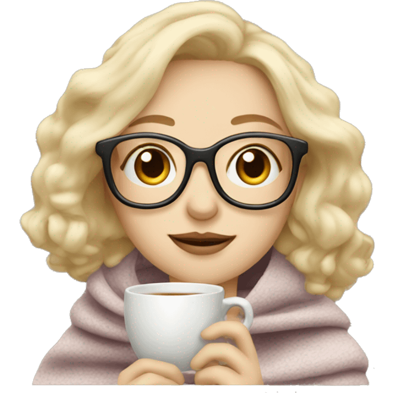 pale blonde girl wearing glasses drinking tea under blanket emoji