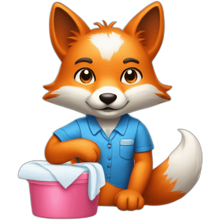 a gender neutral fox from a house keeping company with a stack of folded clean cloth and detergent in his hands emoji