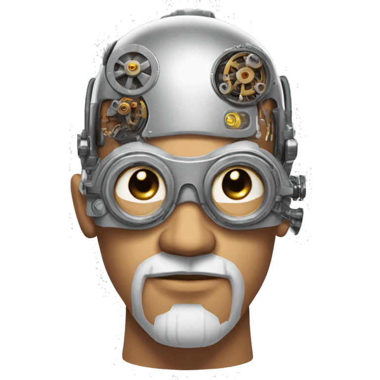 Tan bald male Latino cyborg head with grey beard, silver steampunk monocle goggles and circuits emoji