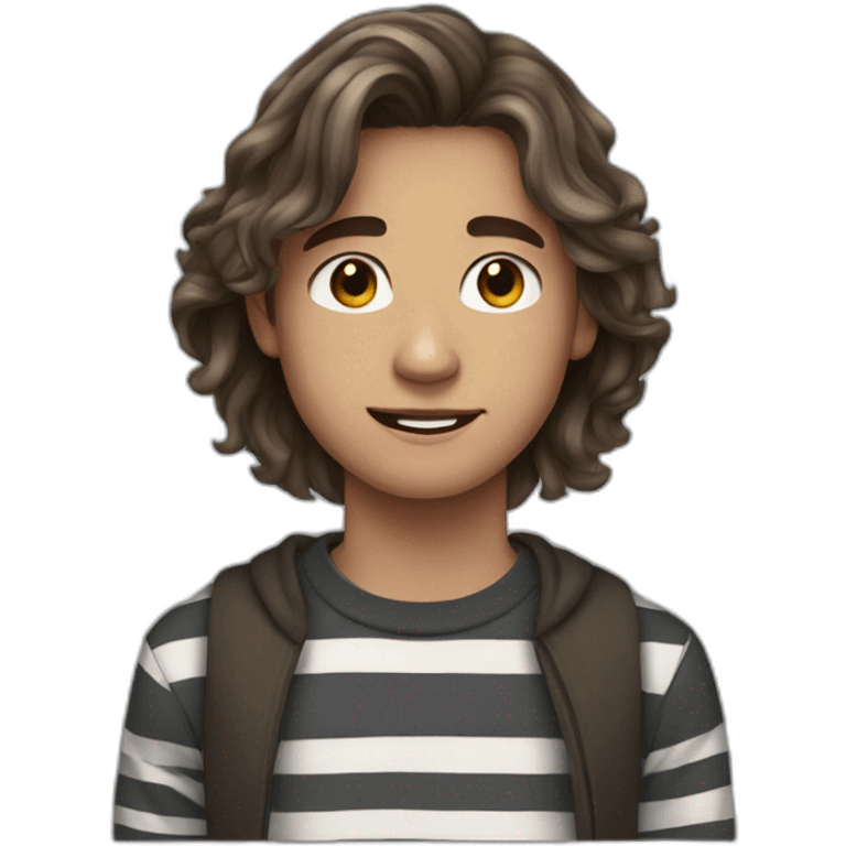 teenager boy brown long wavy hair and dark gray striped sweater emoji