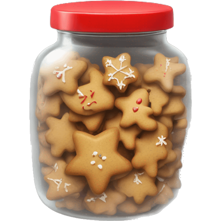 Realistic glass cookie jar with red lid full of gingerbread cookies isolated. emoji