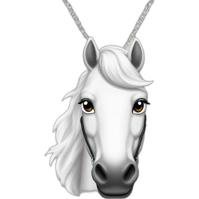 White stallion mustang wearing a key around the neck only necklace no mouth strap emoji