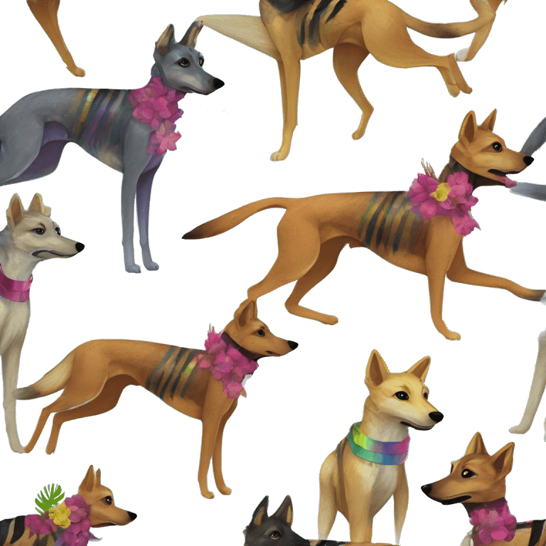  brindle brown black maroon striped lurcher Alsatian fox running blue eyes and iridescent holographic oilslick harness wearing paper iridescent tropical flower crown yellow caution tape emoji