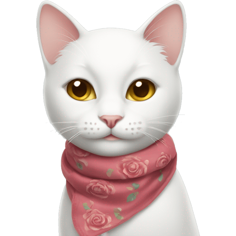 White cat with rose scarf smiling emoji