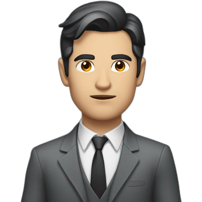 man with dark hair in gray suit pointing serious face emoji