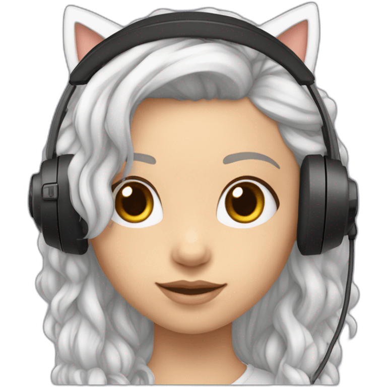 menina branca com cabelo preto usando headset com orelhas de gatinho emoji